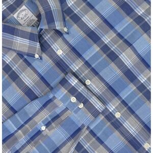 Brooks Brothers Shirt Mens Large Blue Plaid Regent Non Iron Supima Cotton Casual